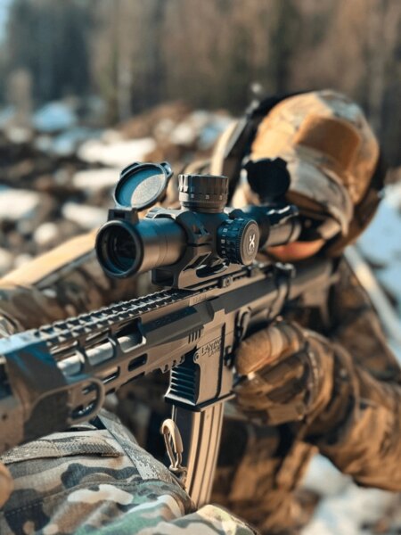 Shooter in camouflage aiming through a Vortex Optics riflescope mounted on a precision sniper rifle. Photo: Rigad
