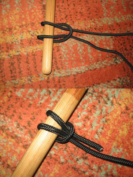 Step-by-step demonstration of tying a Prusik knot on a wooden rod using a black cord. Photo: Rigad.
