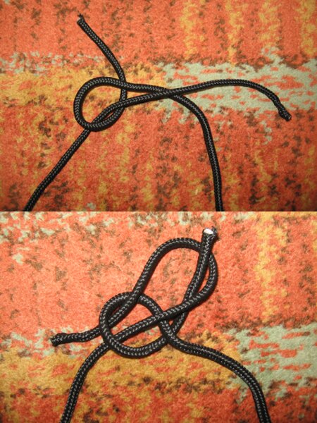 Step-by-step tying of a bowline knot with black cord on an orange background—forming the loop and final knot.