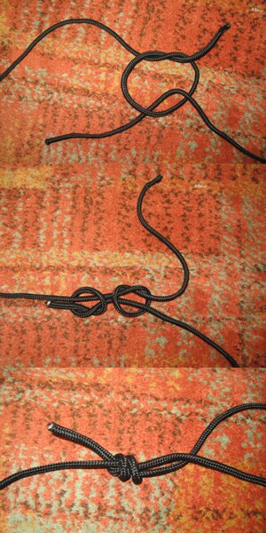 Step-by-step tying of a fisherman’s knot with two black cords – forming the knots and tightening them into a secure connection.