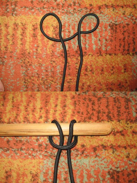 Tying a cow hitch with a loop of black cord – passing it around a pole and tightening the knot. Photo: Rigad.