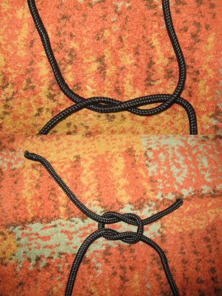 Square knot tied with black cord – a simple knot for joining two ropes of equal diameter.