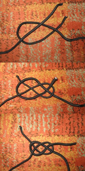 Josephine Knot – an aesthetically pleasing, symmetrical, and simple knot for joining ropes of equal diameter. Suitable for decorative purposes, first aid, or scouting activities – but not recommended for heavy loads.