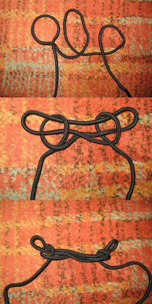 Shortening knot tied on a black rope, used to reduce length without cutting.