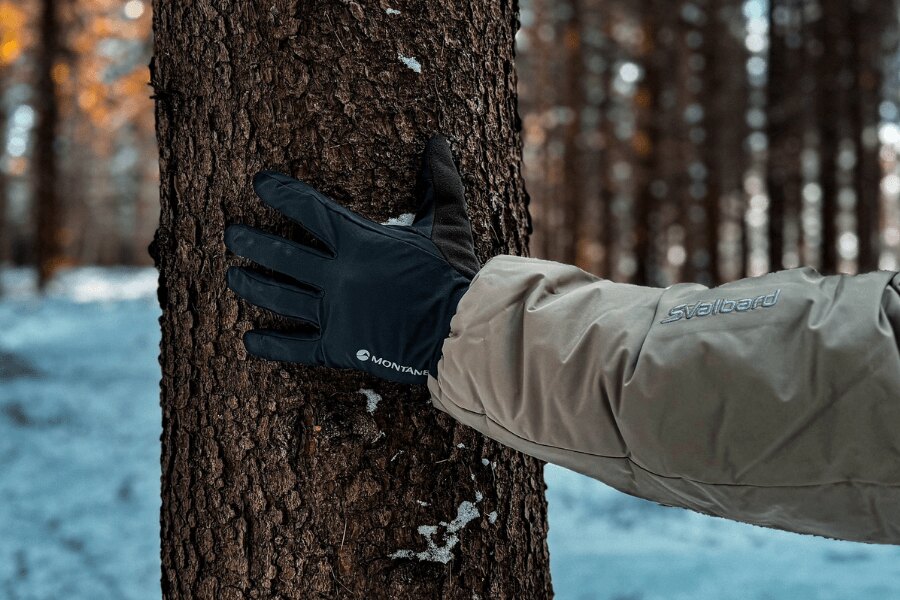 Detail of Montane winter gloves placed on a tree trunk in a snowy forest. Photo: Rigad