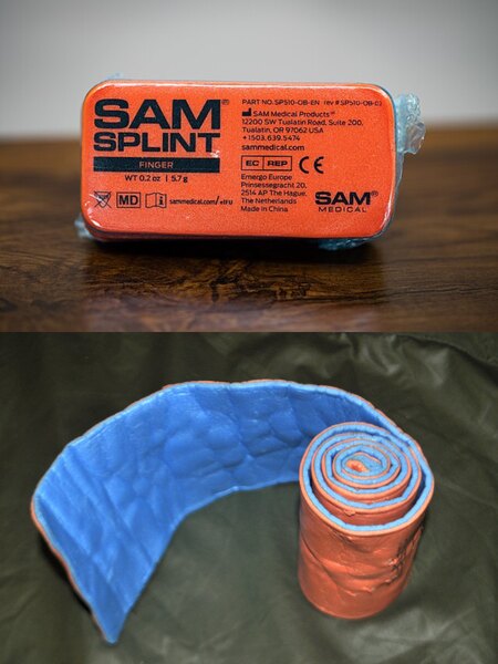 Rolled and unrolled versions of the SAM Splint – a lightweight, portable, and moldable tool for immobilizing injured limbs in field conditions. Source: https://commons.wikimedia.org/wiki/File:Sam_Splint_-_Finger_Splint_-_First_Aid_Gear_(52881944189).jpg and https://commons.wikimedia.org/wiki/File:Sam_Splint_roll.jpg