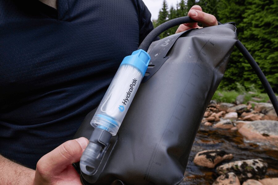 HydraPak filter connected to a reservoir system for in-field water filtration. Photo: Rigad