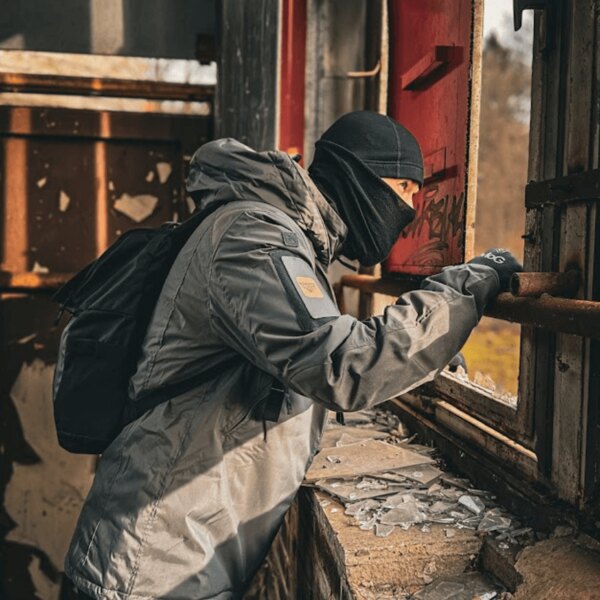 A hooded figure wearing gloves watches the surroundings from a broken window in an abandoned building. Photo: Rigad