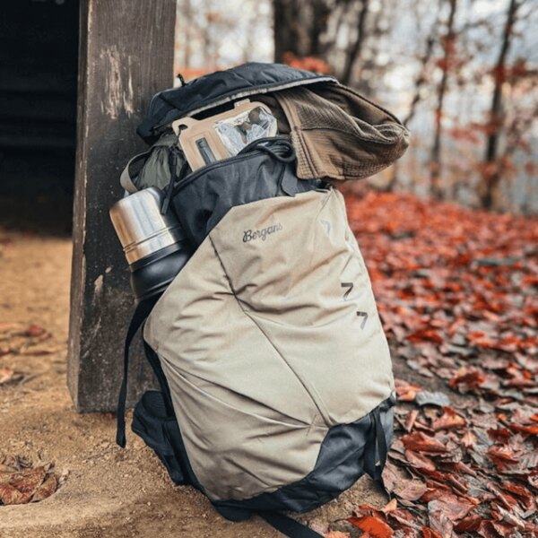 Open evacuation backpack with equipment placed by the shelter. Photo: Rigad