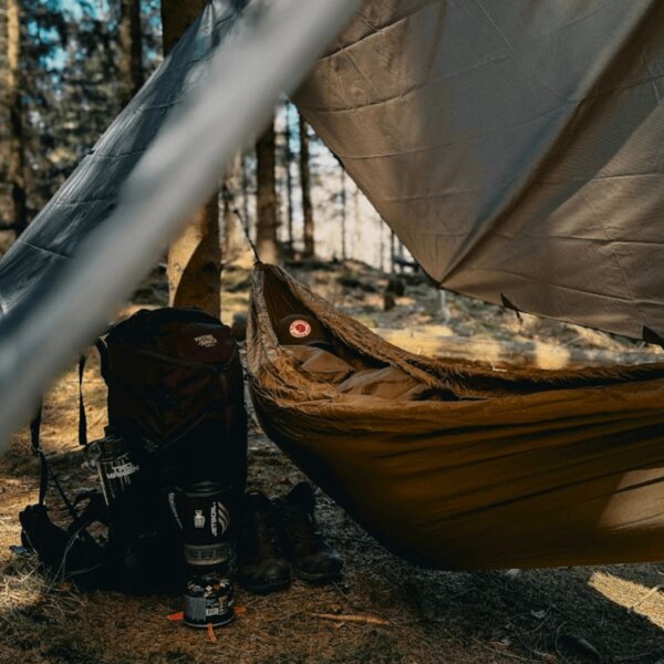 Tarp Tac Maven built between trees with a hammock hanging in the forest. Photo: Rigad