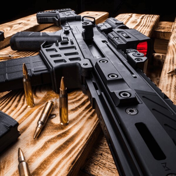 Tactical rifle outfitted with a magnifier, collimator, and flashlight—side view of the mounting system. Photo: Rigad