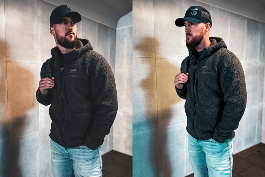 Tilak Nuuk – dark fleece sweatshirt made from Polartec Thermal Pro, urban environment, two perspectives; zip pockets, comfortable fit. Photo: Rigad