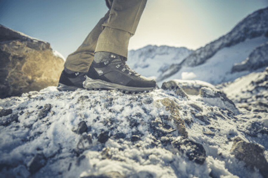 Trekking shoes in winter conditions – an example of materials that need to be cleaned, treated, and re-impregnated after the season. Photo: Rigad