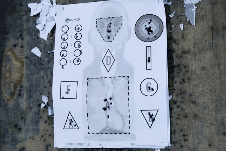 Target Best Basics Type A2 with anatomical outlines, impact zones, and training patterns after shooting. Photo: Rigad