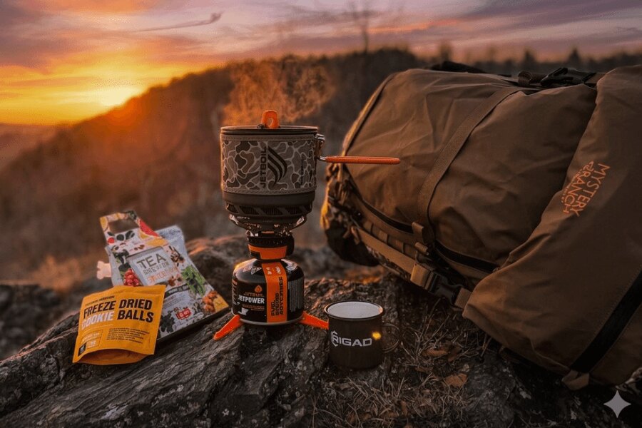 Jetboil Outdoor Stove in Use Preparing a Meal in the Mountains, with Snacks and a Backpack at Sunset. Photo: Rigad