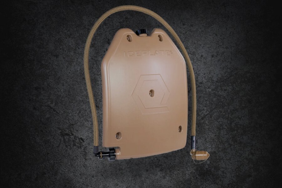 The Qore Performance ICEPLATE<sup>®</sup> hydration system shaped like a ballistic plate, featuring a drinking tube and bite valve.