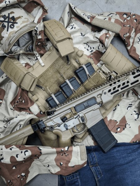 Tactical gear and clothing featuring the 6-Color Desert “Chocolate Chip” camouflage pattern.