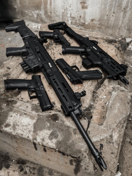 Two CZ Scorpion EVO 3 submachine guns with handguns in an industrial setting