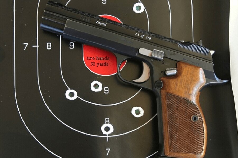 SIG P210 pistol positioned in front of a shooting target.
