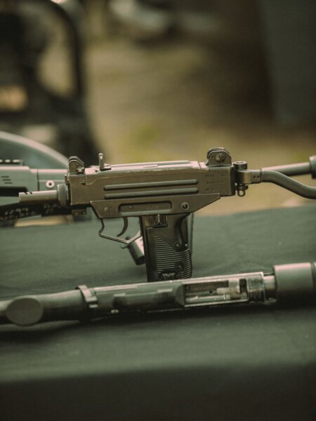 UZI submachine gun with a folding metal stock.