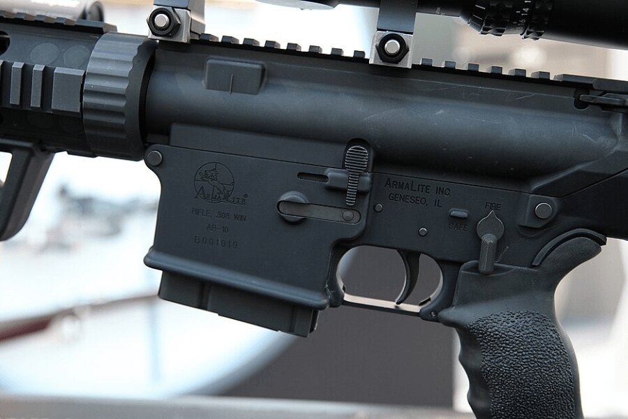 Close-up of the lower receiver of an ArmaLite AR-10 rifle.