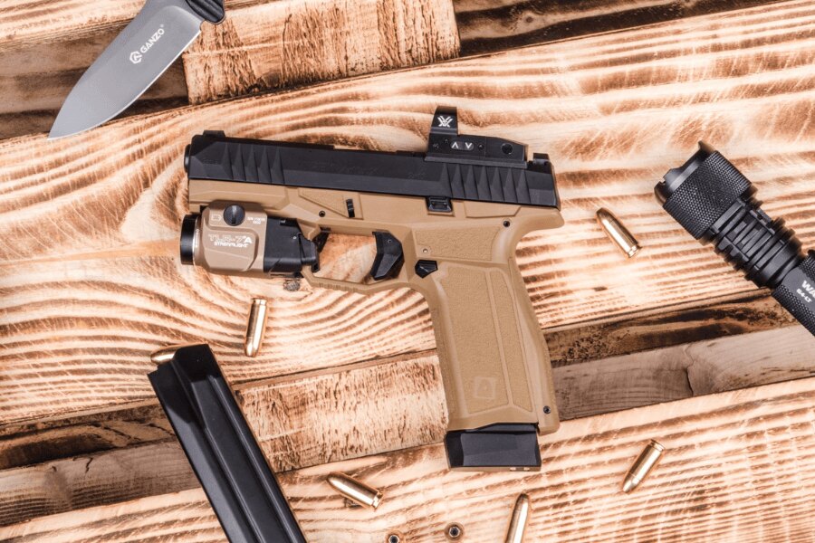 Arex Delta Gen.2 OR pistol with a Vortex Defender red dot sight, Streamlight TLR-7A weapon light and extended magazine base pad.