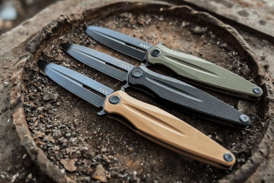 Three ANV folding knives with different handle scale colors arranged on a wooden surface.