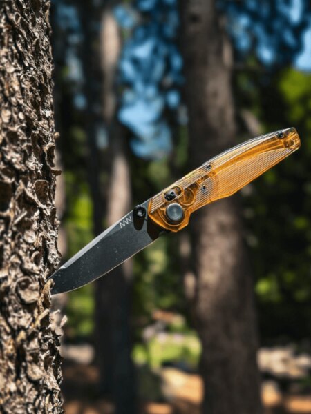 ANV folding knife stuck into a tree trunk in a forest.