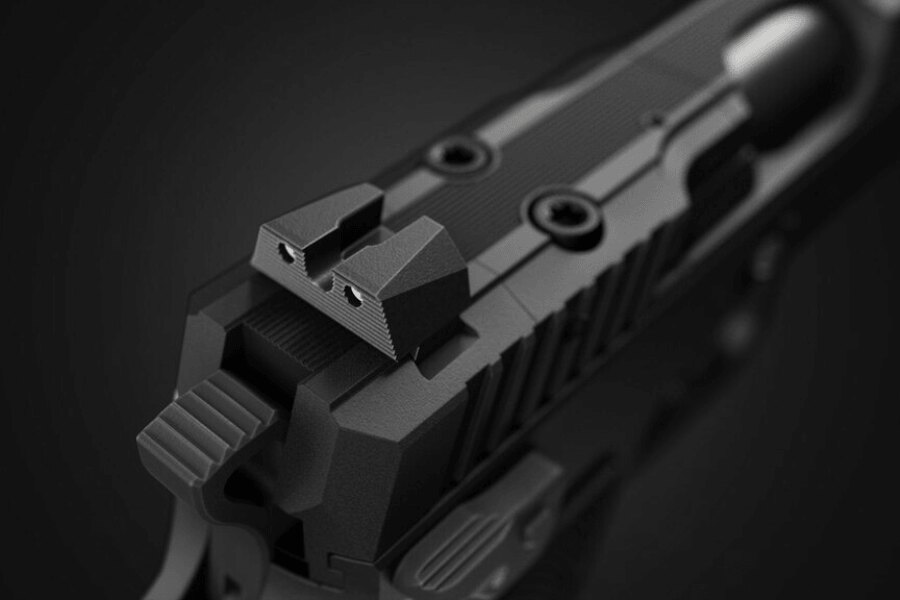Close-up of the rear sight and rear section of the CZ Shadow 2 Carry slide.